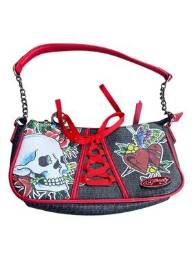 Ed Hardy Tattoo-Inspired Shoulder Bag Chain & Red Lace-Up Detail Skull Heart